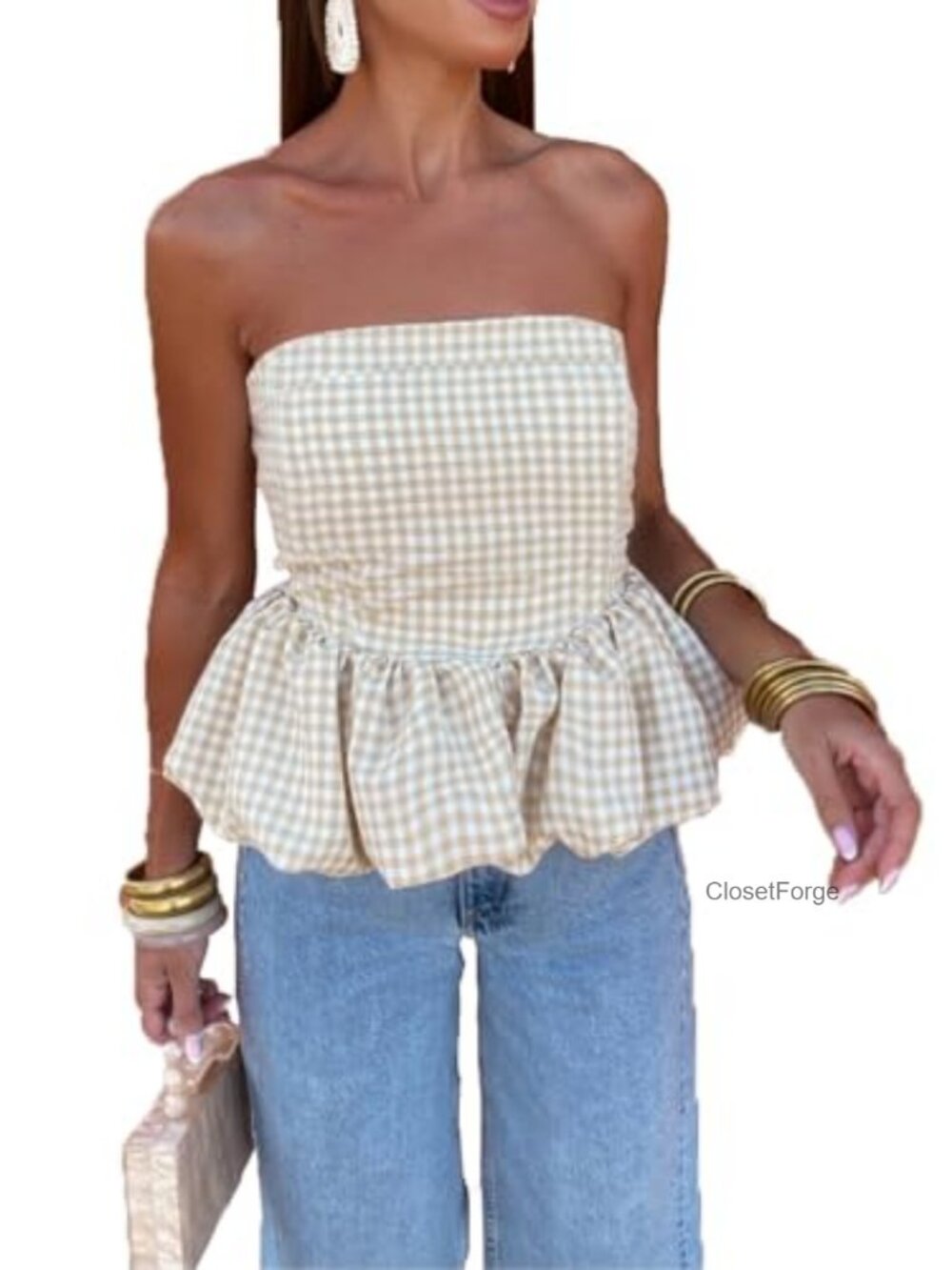 Women Y2K Strapless Bubble Tube Top Peplum Ruffle Hem Flowy Crop Top